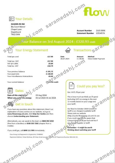 United Kingdom Flow Energy business utility bill template in Word and PDF formats